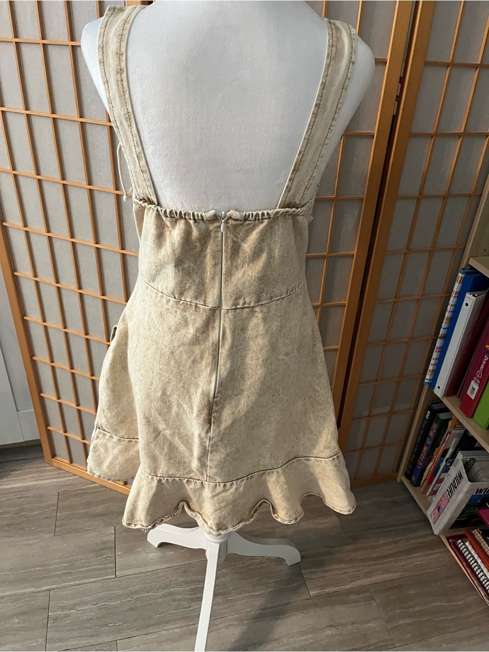 Women M Sleeveless Acid Wash Tan Denim Mini Dress Festival Boho Rave ruffle - Picture 4 of 6